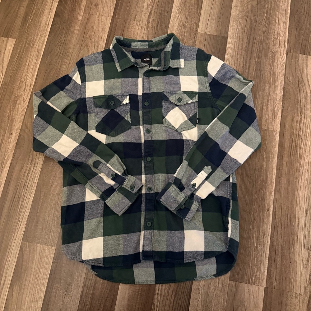 Vans Men's Casual Green and Navy Plaid Shirt